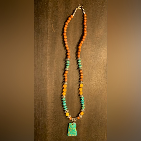 28 1/2" necklace with Large turquoise color pendant and beadwork - Picture 2 of 11